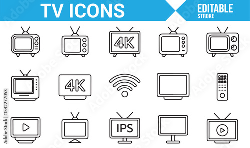 Minimalist TV Icons Set Featuring 4K, HD, and Remote Control Designs