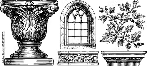 Architectural elements of florentine and rococo design for artistic projects