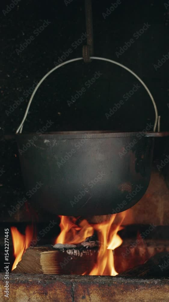 Black cast iron pot hanging over an open fire in a rustic fireplace for traditional cooking. Black cast iron pot hanging over an open fire in a rustic fireplace for traditional cooking.