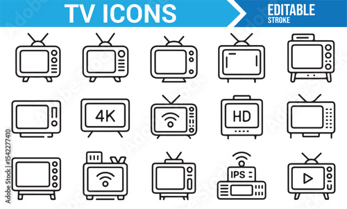 Vector Set of TV and Media Icons: Traditional, 4K, and HD Screens with WiFi