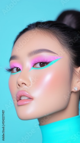 Bold neon makeup artistry on female model with pink and blue geometric eyeliner