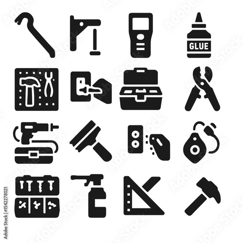 DIY Home Improvement Icons. Solid style icons of DIY home improvement: crowbar tool icon, wall mount bracket, laser measuring tool