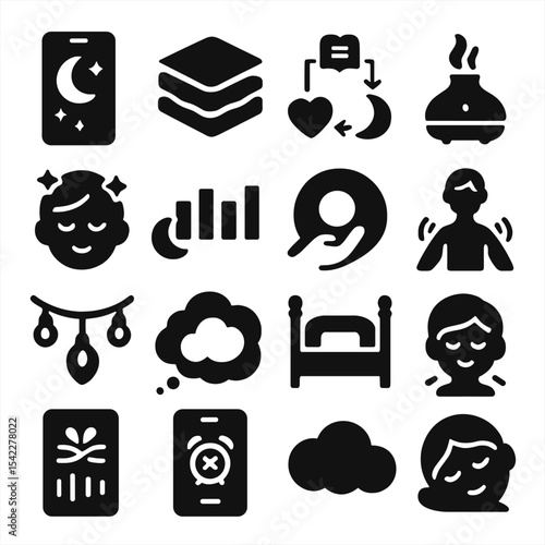 Sleep and Relaxation Icons. Solid style icons of sleep and relaxation: guided sleep app interface, soft mattress layers, night