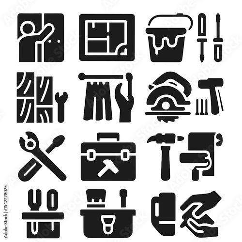 DIY Icons Collection. Solid style icons of DIY home improvement: drywall installation icon, home renovation plan, paint bucket