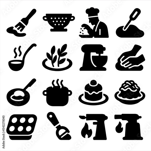 Culinary Icons Collection. Solid style icons of culinary: basting brush with sauce, pasta strainer icon, chef salting dish,
