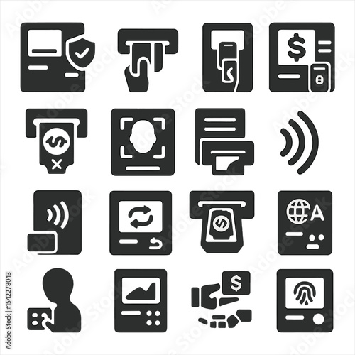ATM Icons Set. Solid style icons of ATM and banking: ATM icon with shield check, user inserting card into slot, ATM system update