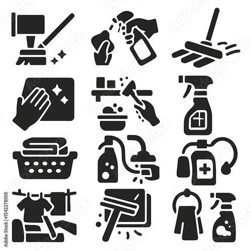 Home Cleaning Icons. Solid style icons of home cleaning: under-appliance cleaning brush, fabric spot remover, floor mopping