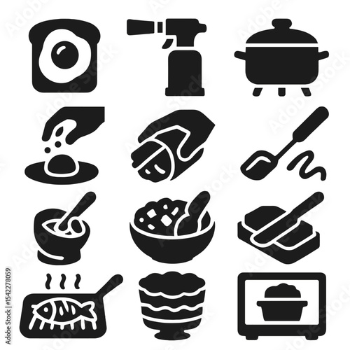 Culinary Icon Set. Solid style icons of culinary: poached egg on toast, kitchen blowtorch tool, ladle resting in pot, steamer