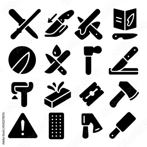 Blade Sharpening Icons. Solid style icons of blade sharpening: ceramic honing rod with holder, pocket knife sharpening motion,