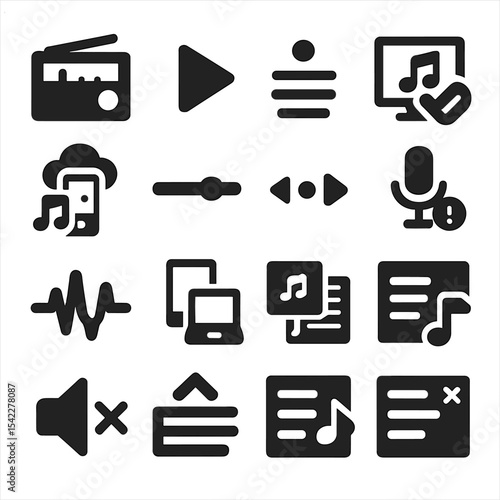 Music Player Icons. Solid style icons of music player interface: radio tuner interface, auto-play next icon, lyrics timing marker,