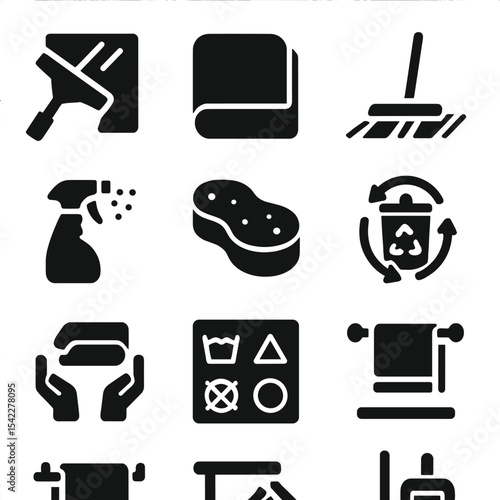 Home Cleaning Icons. Solid style icons of home cleaning: squeegee wiping glass, towel with folded edge, laundry labels checklist,