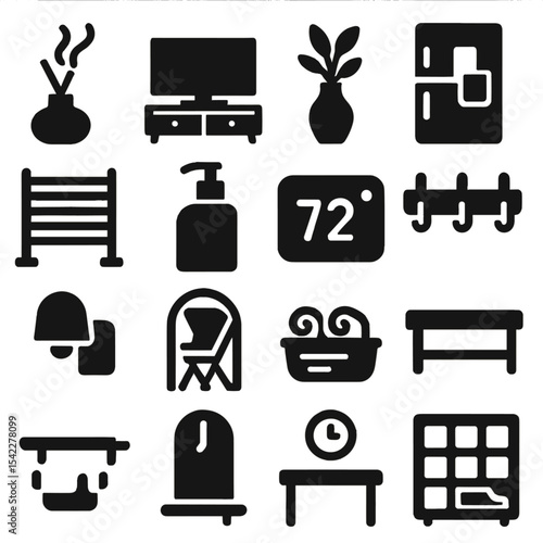 Home Essentials Icons. Solid style icons of home essentials: incense diffuser with smoke, TV console with drawers, tabletop plant