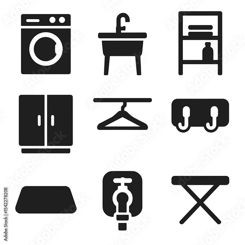 Laundry Room Icons. Solid style icons of laundry room setup: laundry machine, sink basin, shelf rack, supply cabinet, hanging rod,