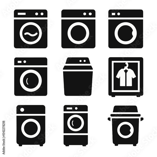 Laundry Appliance Icons. Solid style icons of laundry appliances: washing machine, dryer unit, combo washer dryer, front load