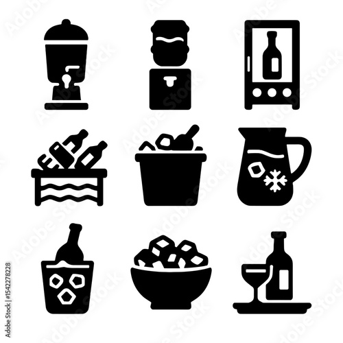 Beverage Cooling Icons. Solid style icons of beverage cooling and serving: drink dispenser, water cooler, wine fridge, chill rack,