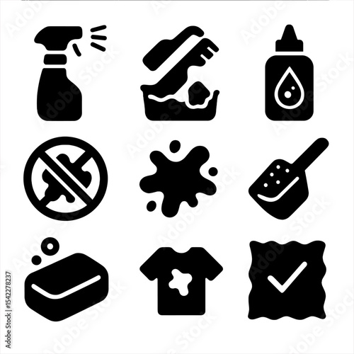 Stain Treatment Icons. Solid style icons of stain treatment: spray bottle, stain brush, soaking tub, spot remover, pre-wash icon,