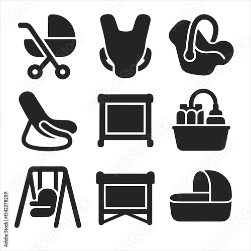 Baby Gear Icons. Solid style icons of baby gear: stroller, baby carrier, car seat, baby bouncer, playpen, diaper caddy, baby swing