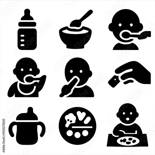 Feeding Stages Icons. Solid style icons of feeding stages: bottle feeding, purees, spoon feeding, self feeding, finger foods,
