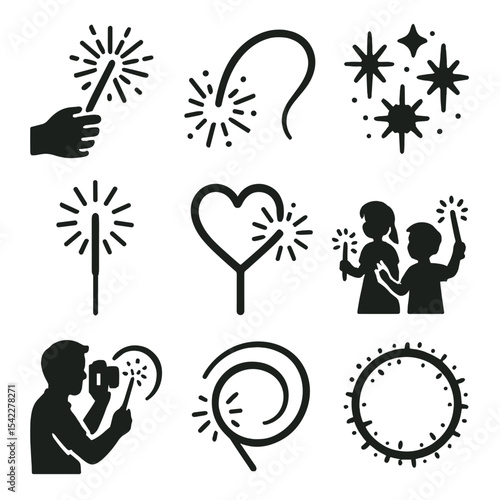 Sparkler Icon Collection. Solid style icons of sparkler moments: hand holding sparkler, lit trail, group sparkles, slow burn