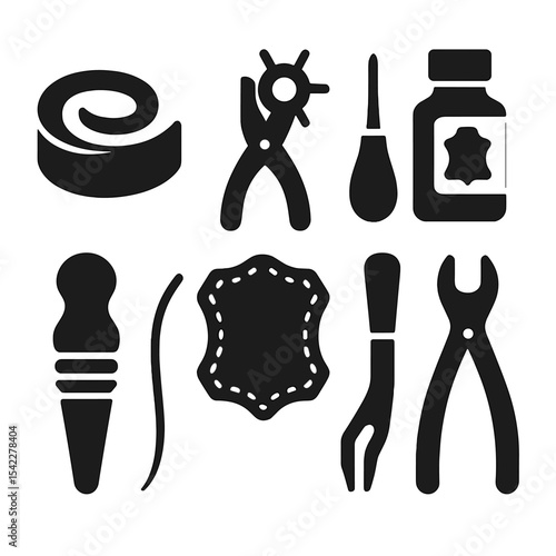 Leather Crafting Icons. Solid style icons of leather crafting: leather strip, hole punch, stitching awl, leather dye, burnishing