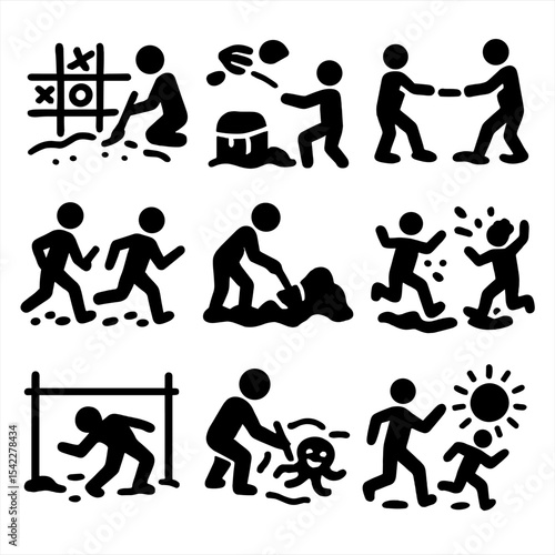 Beach Game Icons. Solid style icons of beach games and activities: sand tic-tac-toe, shell toss, towel tug, beach relay, treasure