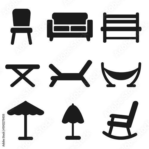 Garden Furniture Icons. Solid style icons of garden furniture: patio chair, outdoor sofa, garden bench, foldable table, sun
