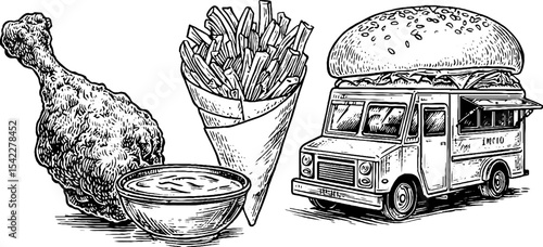 Delicious fast food variety with fried chicken drumstick, fries, burger, and dipping sauce