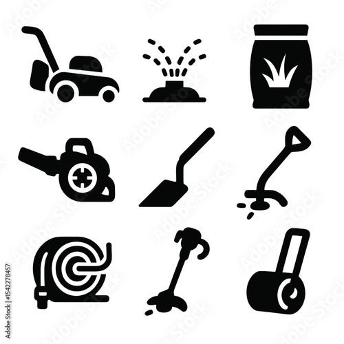 Lawn Care Icons. Solid style icons of lawn care: lawn mower, sprinkler, grass seed bag, leaf blower, edging tool, hose reel, weed