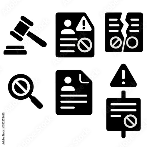 Legal Icons Set. Solid style icons of licensing disputes: court gavel, complaint form, contract dispute, warning document,