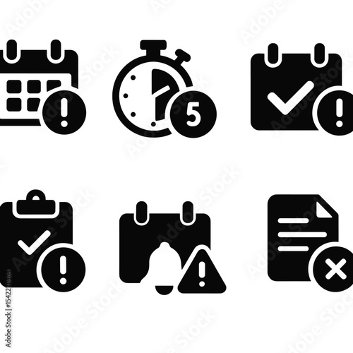 Licensing Deadline Icons. Solid style icons of licensing deadlines: calendar alert, countdown timer, clock with exclamation, due