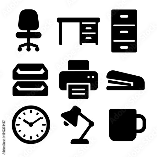 Office Essentials Icons. Solid style icons of workplace and office: desk chair, office desk, file cabinet, paper tray, printer