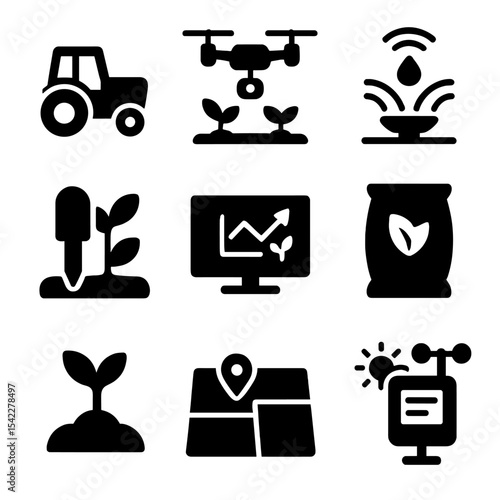 Agricultural Tech Icons. Solid style icons of agricultural tech: tractor icon, drone farming, smart irrigation, plant sensor, crop