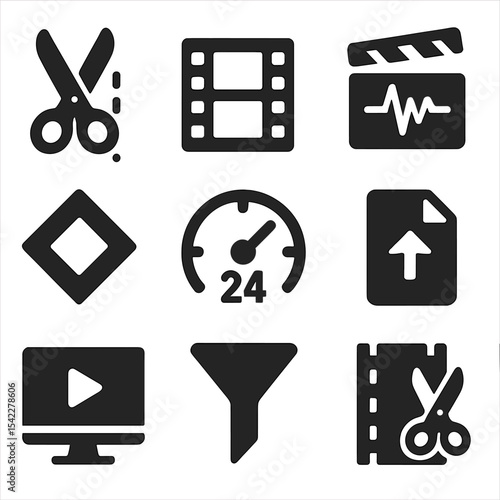 Video Editing Icons. Solid style icons of video editing: cut icon, clip timeline, audio sync, transition icon, frame rate, export