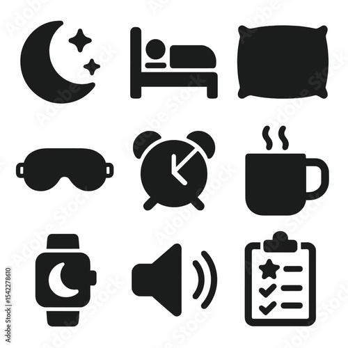 Healthy Sleep Icons. Solid style icons of healthy sleep habits: moon and stars, bedtime icon, pillow icon, sleep mask, alarm off,