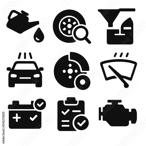 Car Maintenance Icons. Solid style icons of car maintenance: oil change, tire check, fluid refill, engine light, car wash, brake