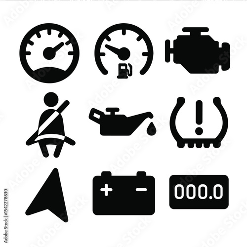 Dashboard Icons Set. Solid style icons of vehicle dashboard: speedometer icon, fuel gauge, engine check, seatbelt icon, oil alert,