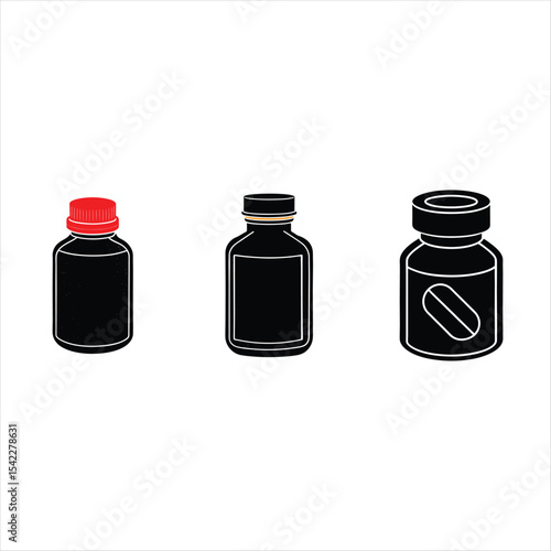 A vector illustration of a set of isolated transparent plastic and glass medical laboratory containers, including cosmetic bottles, jars, vials with caps, and pharmaceutical drug objects for health
