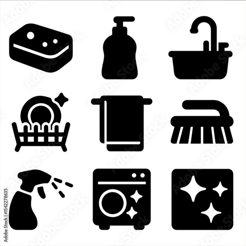 Kitchen Cleaning Icons. Solid style icons of kitchen cleaning: dish sponge, soap bottle, sink icon, drying rack, hand towel, scrub