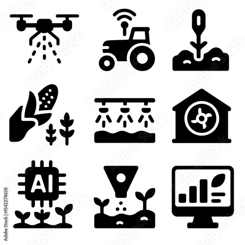 Modern Agriculture Icons. Solid style icons of modern agriculture: drone sprayer, GPS tractor, soil sensor, crop yield, irrigation
