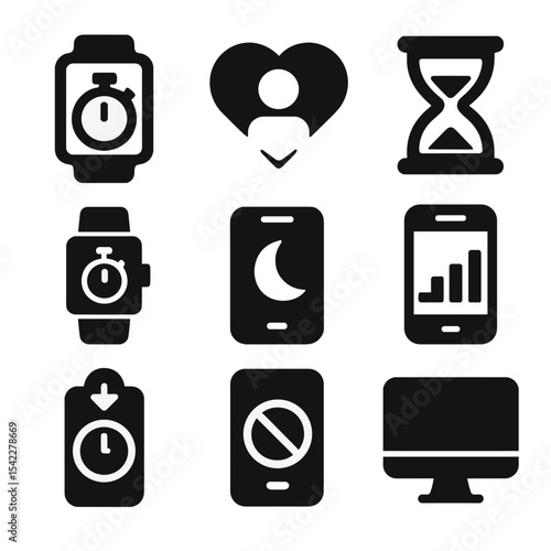 Screen Time Control Icons. Solid style icons of screen time control: device timer, digital wellbeing, hourglass icon, app