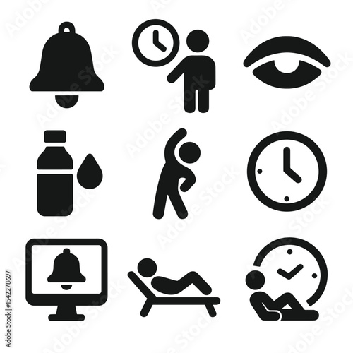 Break Reminder Icons. Solid style icons of break reminders: break bell, time-to-stand icon, eye rest icon, hydration reminder,