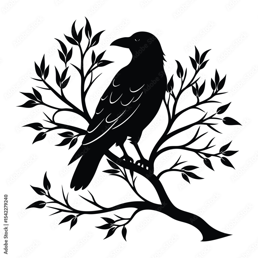 Fototapeta premium Majestic Crow Silhouette on Branch Tree Art Print