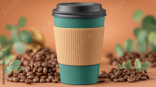 Craft takeaway coffee cup, paper cup, on table with coffee beans