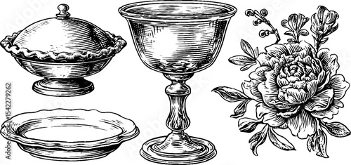 Vintage tableware and floral design featuring glass compote and copper jelly mould