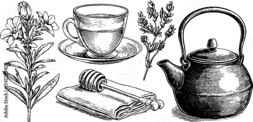 Elegant tea set with glass teacup, flower infused tea, and cast iron teapot illustration