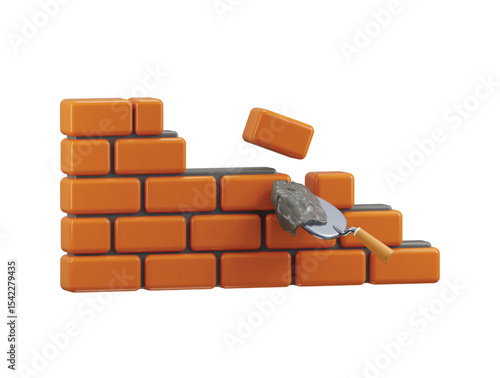 Trowel and bricks wall plaster icon 3d render concept of construction equipment icon vector illustration