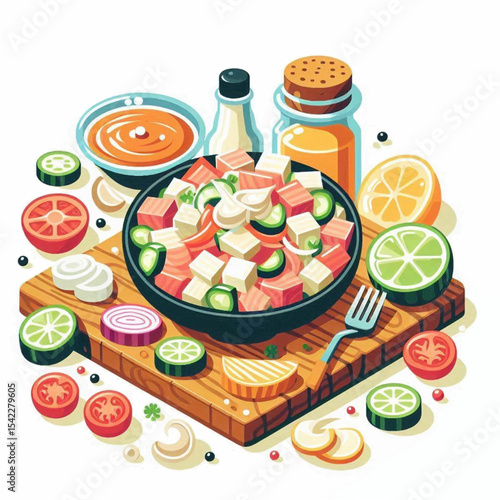 Vibrant ceviche bowl with tomato lime and garlic on a wooden board