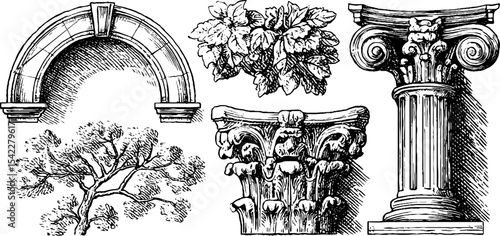 Gothic archivolt and byzantine mosaic niche with leaf and column designs for artistic inspiration