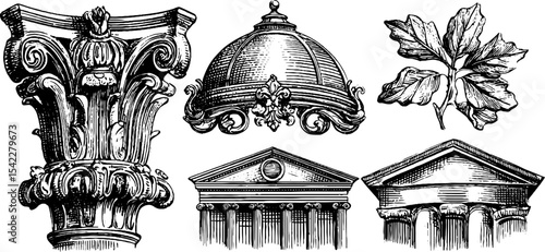 Architectural elements featuring gothic finials and roman coffered ceilings for design projects