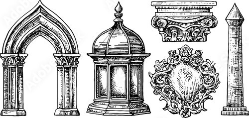 Intricate gothic arches and egyptian obelisk architectural elements for design inspiration